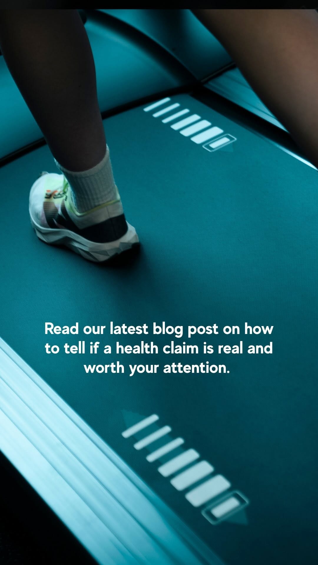 Runner's shoe on a treadmill, with a prompt to read our blog post on health claims
